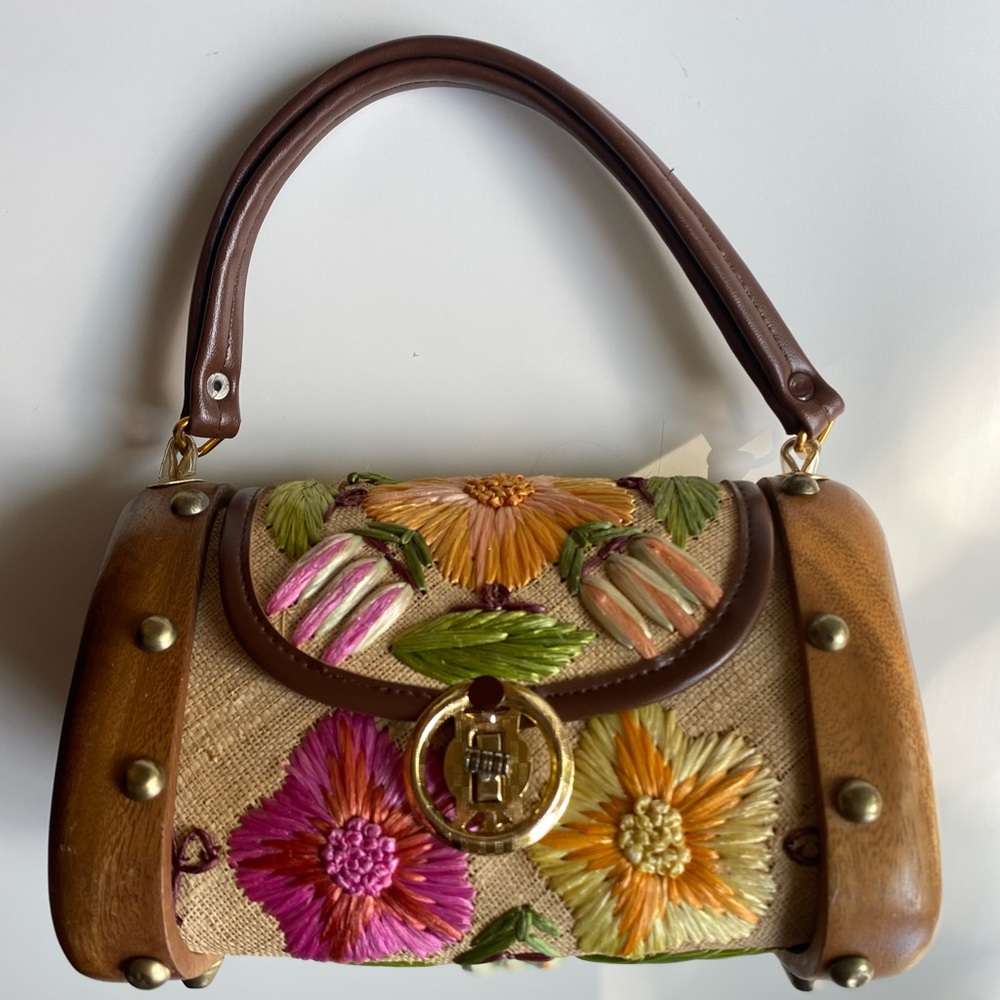 SOLD - Vintage Boho Raffia Woven Straw Floral Wooden Box Bag Purse Cabana - Picture 1 of 13